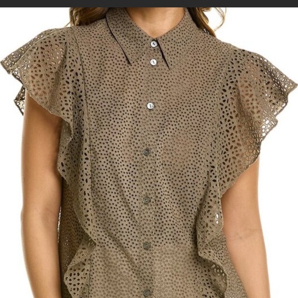 Theory Cotton Eyelet Ruffle Button up Top in Willow Shirt Petite - Picture 1 of 4